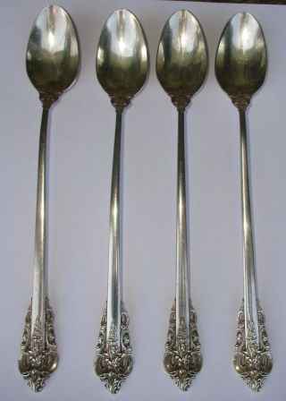4 Antique Wallace Grand Baroque Sterling Silver Ice Tea Long Spoons 7 5/8 "