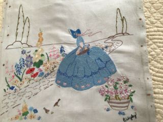 Hand Embroidered Picture Crinoline Lady On Linen 20” X 22” Approx - Unframed