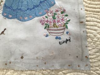 Hand Embroidered Picture Crinoline Lady on Linen 20” x 22” approx - unframed 2