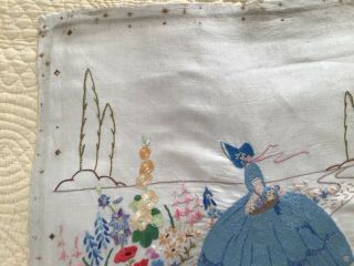 Hand Embroidered Picture Crinoline Lady on Linen 20” x 22” approx - unframed 4
