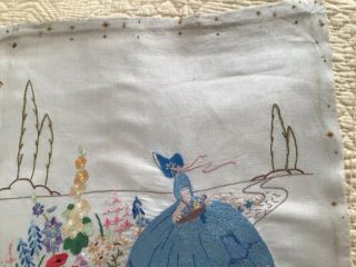 Hand Embroidered Picture Crinoline Lady on Linen 20” x 22” approx - unframed 5