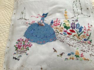 Hand Embroidered Picture Crinoline Lady on Linen 20” x 22” approx - unframed 6