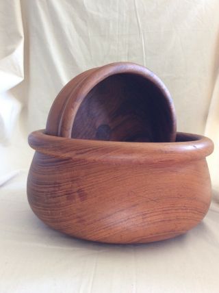 Vintage Set of 2 Teak Wood Bowls with “ridge” Serving 4