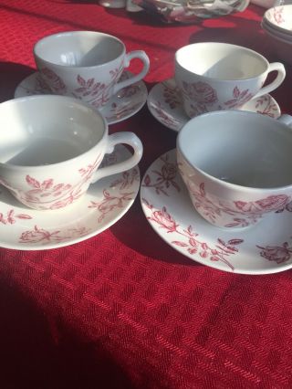 4 Churchill Cups & Saucers Fine China England Antique Rose Pink On White