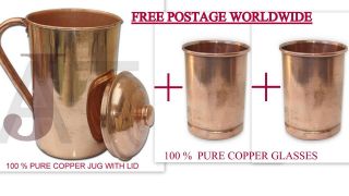 Pure Copper Ayurvedic 1.  5ltr Water Storage Jug With 2 Copper Glasses Combo
