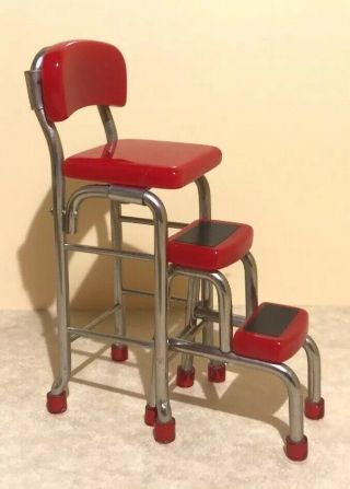 Retro Red Counter Stool/step Stool In Metal Vintage Dollhouse Miniature 1:12