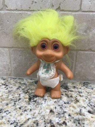 Vintage Tnt Troll Yellow Hair With Baby Bib And Cloth Diaper 1991