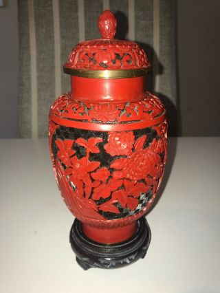 A Fine Chinese Cinnabar Vase With Lid And Stand