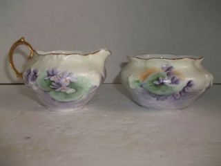 Antique Rosenthal Moliere Bavaria Hp Victorian Violets Sugar Bowl Creamer 1890s