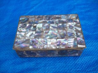 Antique Vintage Mexico Abalone Mother Of Pearl Shell Inlaid Jewelry Trinket Box