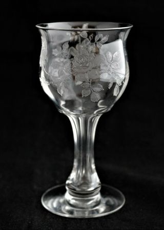 Antique H.  C.  Fry Glass Etched Rose Pattern Hollow Stem Champagne Glass