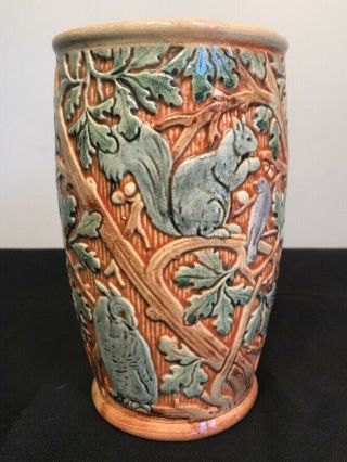 Vintage Antique Weller Pottery Glazed Vase Forest Motif With Squirrls And Owls