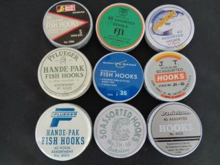 9 Vintage Hook Tins,  South - Bend,  Pflueger,  Scotchline,  Danielson,  F.  S.  Neil,  Ex.