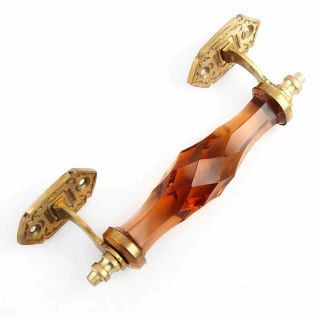 Vintage Antique Style Crystal Cut Glass Brass Door Handle Puller Amber Color