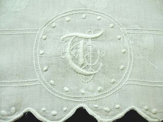 Antique Linen Damask Towel Lg Hand Embroidered Monogram T,  Tulip Pattern Damask