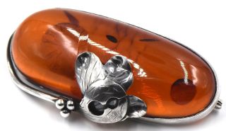 Antique Art Nouveau Amber Unique Leaf Inclusions Pin Sterling Silver Brooch