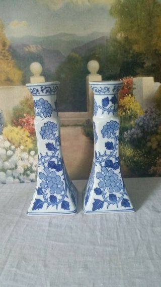 Vintage Chinese Blue And White Ceramic Candle Holders Floral Design Set Of 2