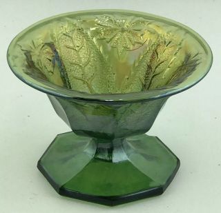 Antique Millersburg Carnival Glass Leaf And Little Flowers Green Mini Compote