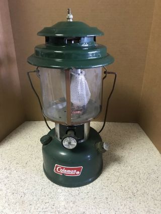 Vintage 1974 8 74 Coleman 220h Lantern Double Mantle Pyrex Globe Green