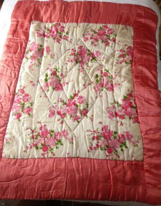 Vintage Pink Floral Double Eiderdown With Magenta Striped Cotton Backing.