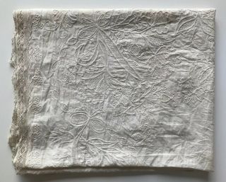 Antique Cream Cotton Floral Hand Embroidered Fabric Table Piece 26” X 43”