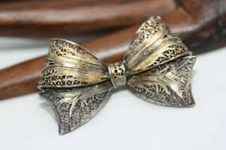 Antique Victorian Sterling Silver Filigree Bow Ribbon Papillion Ladies Brooch