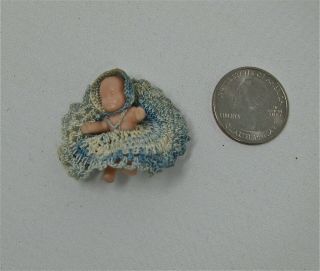 Vintage Miniature Doll House Rubber Baby 1.  5 " Crocheted Dress & Bonnet