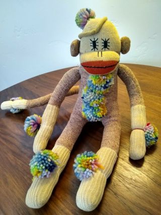 Vintage Sock Monkey Stuffed Animal With Hat & Pom Poms