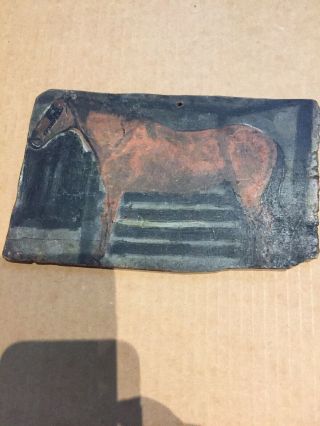 Antique Primitive Folk Art Miniature Of Horse On Wood.  Unsigned About 4x7”