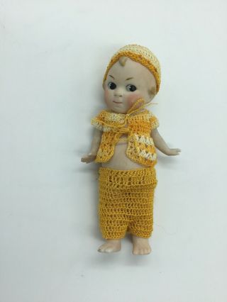 Vintage Hertwig Kewpie All Bisque Hand Painted 5 1/2” Girl Doll W/outfit & Hat