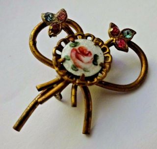 Antique Victorian Brass Metal Bow Design Guilloche Enamel Rose Flower Pin Brooch