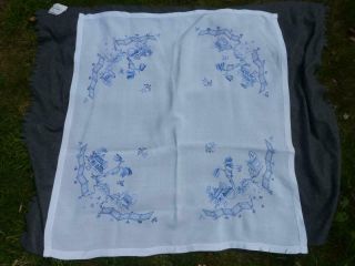 A Lovely Vintage Irish Linen Hand Embroidered Tablecloth Willow Pattern Design