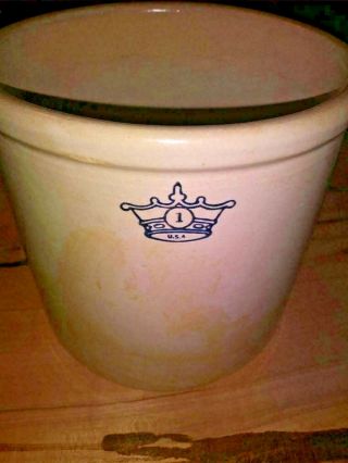 Antique Ransbottom 1 Gallon Blue Crown Stoneware Crock