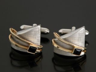 Stunning Vintage Swank Silver & Gold Tone Black Onyx Modernist Cufflinks