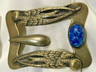 Antique Art Deco Brass Clr 2 Birds Gemstone Eyes Oval Blue Pat Stone Brooch Pin