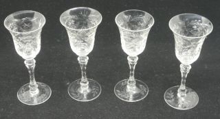 4 Vintage Elegant Cut Glass Cordials W Fancy Stems,  Flower & Leaf Decoration