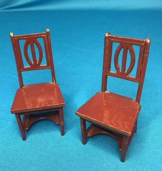 Antique German Gottschalk Dollhouse Brown Red Pair Dining Room Chairs