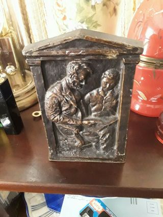 Antique Bronze Bookend Abe Lincoln Reading To Boy Decorative Arts League Nyc