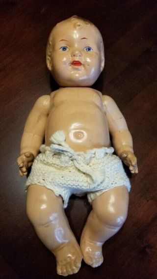 Vintage 1930 ' s Composition Baby Doll Big Happy Dimples Painted Eyes 3