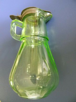 Antique Green Glass Syrup Pitcher Containerwith Handle And Metal Lid