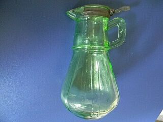 Antique Green glass syrup pitcher containerwith handle and metal lid 2