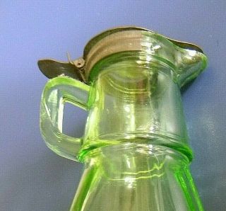 Antique Green glass syrup pitcher containerwith handle and metal lid 3