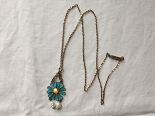 Antique Gilt Metal Enamel Pearl Necklace - 25cm