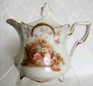 Antique R.  S.  Prussia Lidded Syrup,  Spread Of Roses And Gold Trim