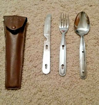 Vintage Bsa Boy Scouts Utensil Set Knife Fork Spoon In Case