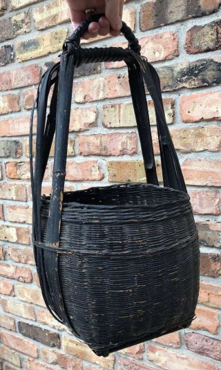 Antique Primitive Black Tall Rattan Gathering? Basket W/handle Unusual Vintage