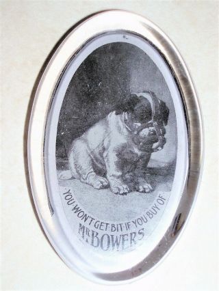 Antique Glass Advertising Paperweight 1900s Mr Bowers Grocer Puppy Muzzled