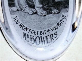 ANTIQUE GLASS ADVERTISING PAPERWEIGHT 1900s MR BOWERS GROCER PUPPY MUZZLED 2