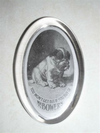 ANTIQUE GLASS ADVERTISING PAPERWEIGHT 1900s MR BOWERS GROCER PUPPY MUZZLED 6