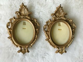 2 Vintage Ornate Gold Picture Photo Small Frame Hong Kong Set Oval 2 X 2 1/2 "